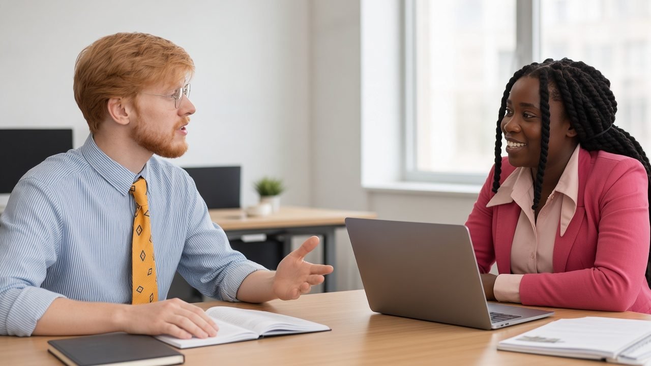 Zwei Kolleg:innen im Gespräch an einem Schreibtisch im Büro